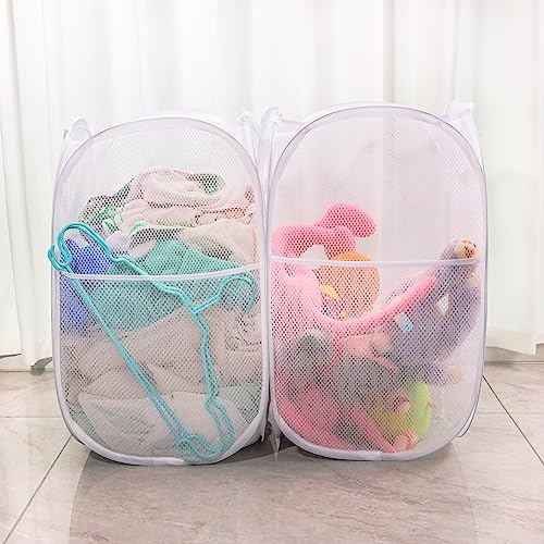 Collapsible Mesh Laundry Basket - 2 White Pop-Up Hampers for Easy Storage