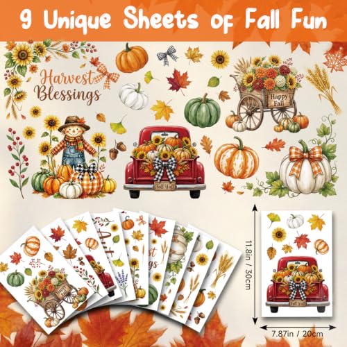 Autumn Window Clings Decor - 9 Sheets Pumpkin & Leaf Stickers