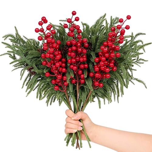 Artificial Norfolk Pine Branches with Red Berries - 12 Pack, 17.7" Christmas Decor
