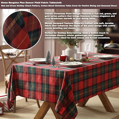 Christmas Dancer Plaid Tablecloth 60 x 120 Inches Red Green Gold Holiday Decor
