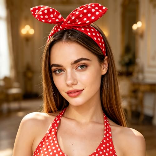 Vintage Red Polka Dot Headband with Adjustable Bow Retro Hair Band