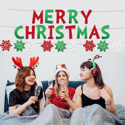 Glittery Merry Christmas Banner - Red and Green Holiday Decor