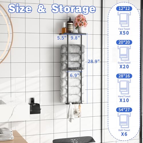 DwellDeal Wall Mounted Towel Rack with Shelf & 3 Hooks - Black Metal