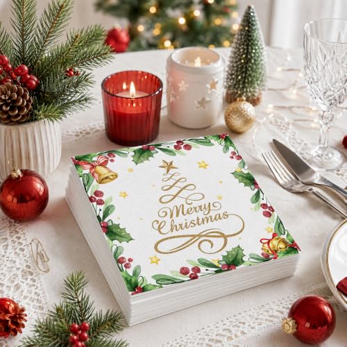Merry Christmas 50 Pack Disposable Paper Napkins - Gold Bells & Holly Decor