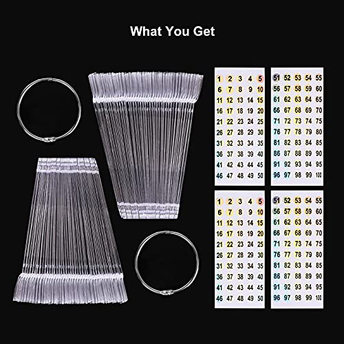 UPZIGS Nail Swatch Sticks with Ring and Number Stickers - 100 Pcs Transparent Fan Practice Tips