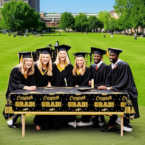 Black & Gold Graduation Tablecloth Set - 2 Pack, 54x108 Inch