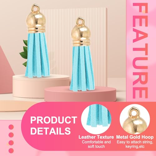 PATIKIL 30 Pcs 1.5 Inch Faux Leather Tassels with Gold Cap, Light Blue
