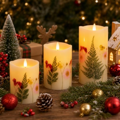 Flameless Christmas Candles Set of 3 with Pine Botanical Design & Remote Timer
