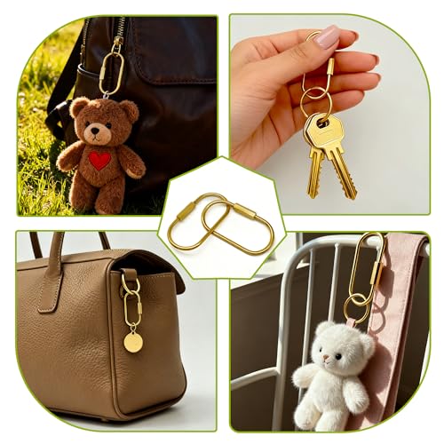 2 Pack Gold Carabiner Key Rings ? Brass Clip with Screw Lock, Key Organizer with 4 Rings, Jewelry Charm Holder for Handbags, Keys & Accessories for Men and Women