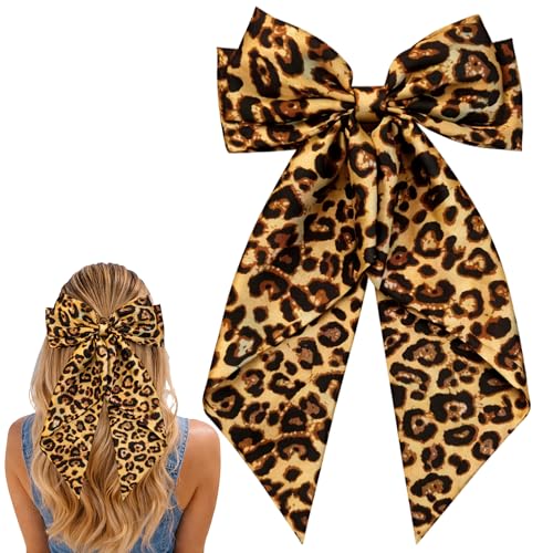 JazSwirl Large Leopard Print Hair Bow Clip, Oversized Satin Cheetah Bow
