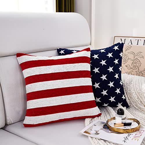 Chenille Throw Pillow Covers Set of 2 - 16x16 Navy Stars