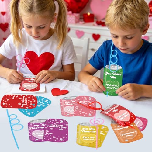 Valentine's Day Cards with Straws - 32 Pack for Kids Gifts