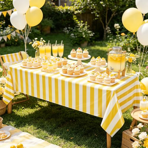 OQOQ Yellow and White Striped Disposable Tablecloths - 54x108 Inch, 3 Pack