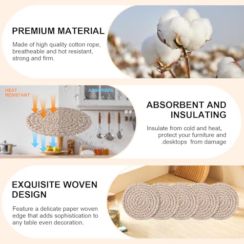 OIAHOMY 10 Pcs Brown Cotton Woven Coasters with Holder, 4.3"