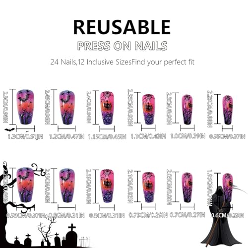 Halloween Press on Nails Medium Coffin Acrylic False Nails Pink Purple