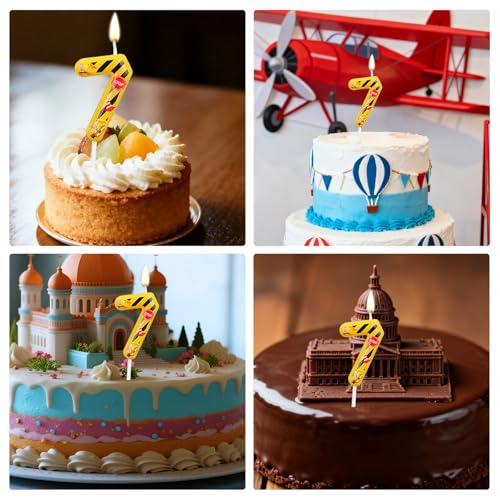 Construction Birthday Candle Number 7 - Yellow & Black Stripe Cake Topper