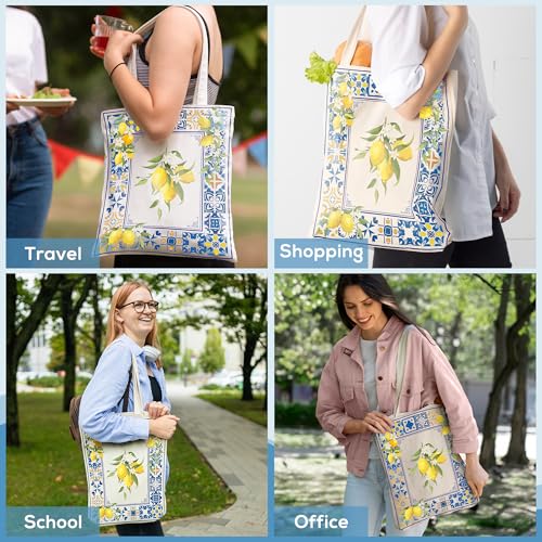 Sitsink Boho Lemon Print Tote Bag - Aesthetic Canvas Book Lover Gift