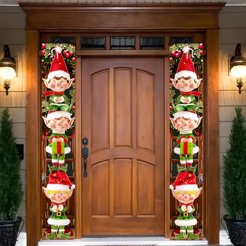 BlissYard Christmas Elf Porch Banner 12x71 Inch Outdoor Holiday Door Decor