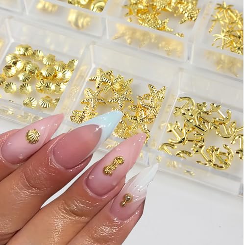 KSTBJN 12 Grids Gold Metal Nail Art Charms 3D Ocean Theme Decors