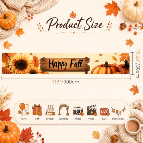 BlissYard Happy Fall Porch Banner 118x20 Sunflower Pumpkin Outdoor Decor