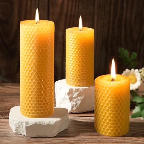 Natural Beeswax Hand-Rolled Pillar Candles - Honeycomb Design