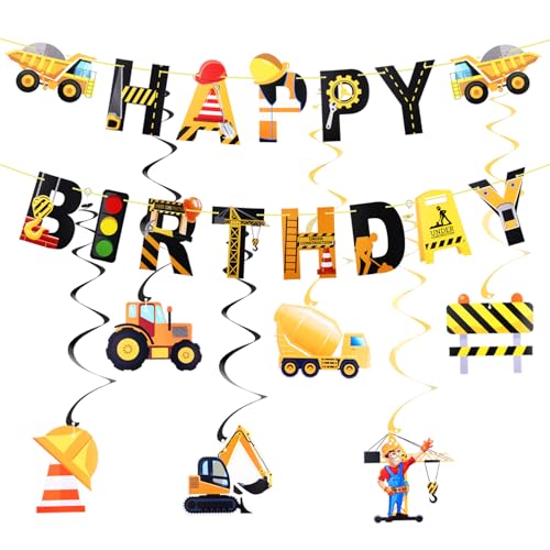 Galaton 21-Piece Construction Birthday Party Decorations Kit with Banner and Hanging Swirls