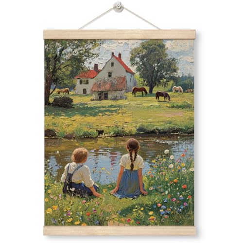 Vintage Countryside Landscape Canvas Wall Art, Farmhouse Hanging Poster 12x16
