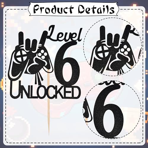 Level 6 Unlocked Cake Topper | Black Glitter Video Game Decor