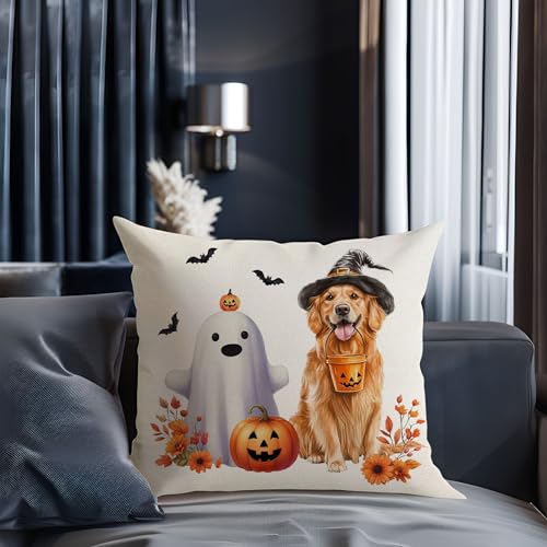 Halloween Pillow Covers Set of 2 - 18x18 Inch Ghost & Dog Decor