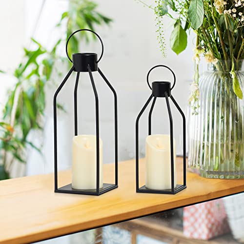 15-Inch and 12-Inch Black Metal Lanterns with Flickering LED Candles - Farmhouse Decor Set