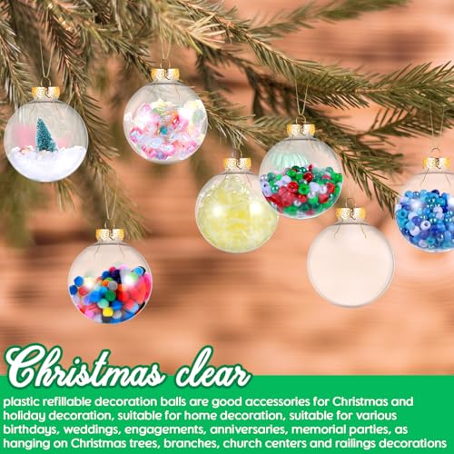 50 Pcs 3.15 Inch Clear Refillable Christmas Plastic Ornaments Rainbow Ball with Lid & Rope
