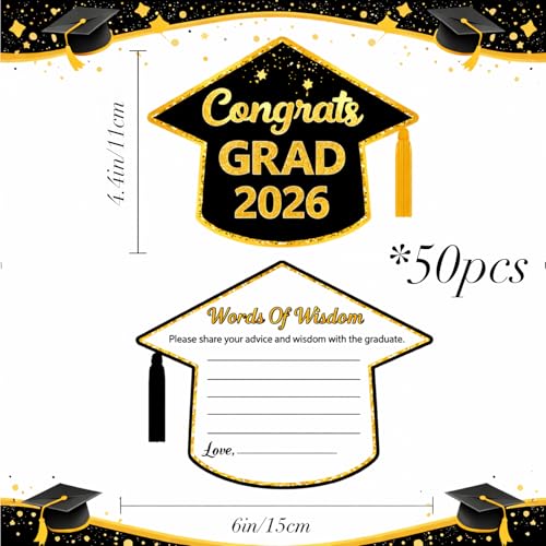 50 Graduation Advice Cards - Black & Gold Cap Shaped 2026