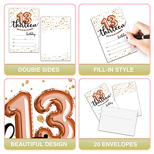 13th Birthday Invitations with Envelopes, Rose Gold Fill-In Cards 20 Pack