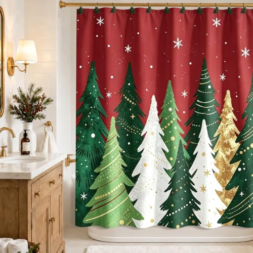 Red Christmas Shower Curtain with Pine Trees and Snowflakes - 72x72 Inches