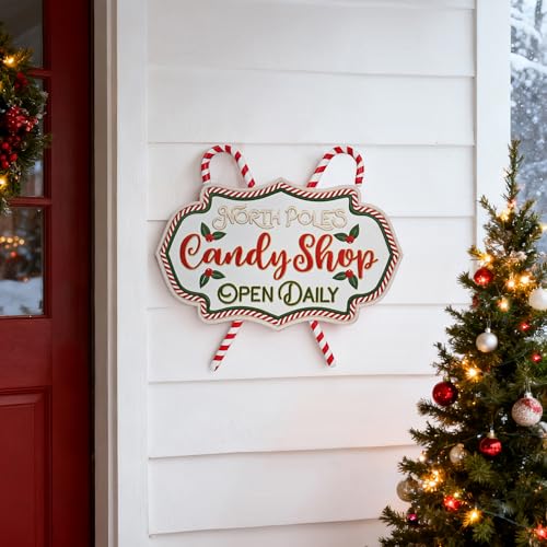 Christmas Metal Wall Sign Candy Shop Xmas Front Door Hanger Decor Holiday Indoor Outdoor 15.75x13.58 - Candy Shop Variation