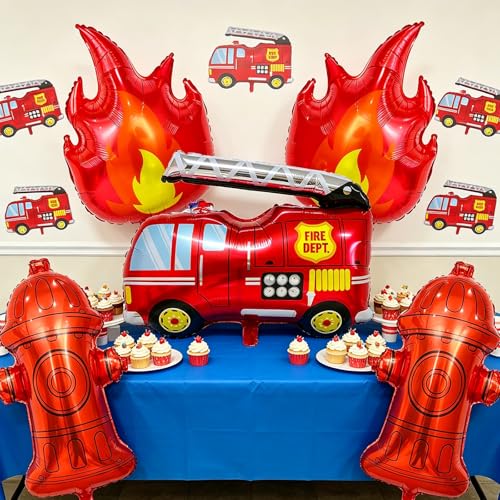 Fire Truck Balloon Decorations Set - 5 Foil Balloons for Kids' Parties