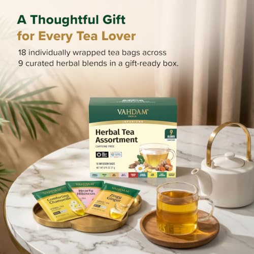 VAHDAM Herbal Tea Sampler, 18 Assorted Caffeine-Free Tea Bags (2 x 9 Pack)