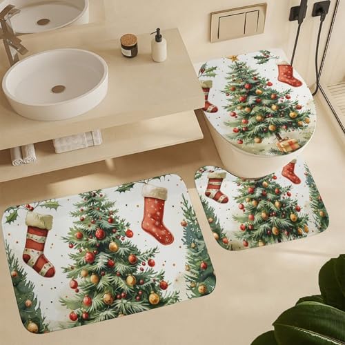 HDESDIS Christmas Pine Tree Shower Curtain Set with Rugs and Toilet Lid Cover - Snowflake Red Sock, 72x72 Inches - Holiday Bathroom Decor