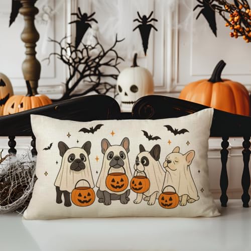 Halloween Pillow Cover 12x20 Inch Beige French Bulldogs with Ghosts