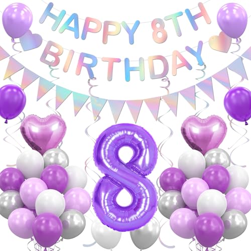 8th Birthday Decorations for Girls - Purple Silver Party Set