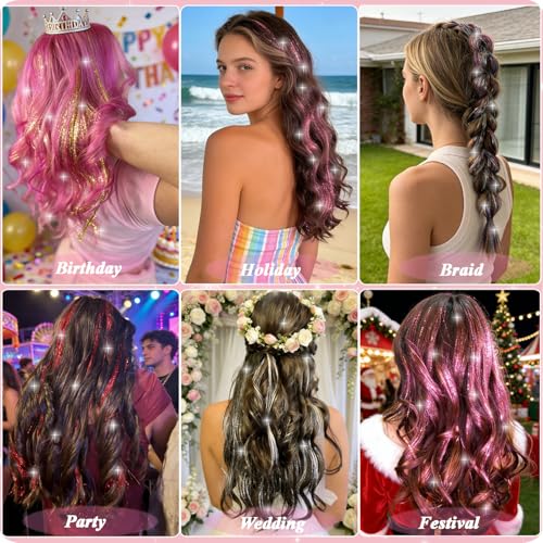 USHUIUS Clip-In Hair Tinsel 18 Pcs 20 Inch Heat-Resistant Pink Glitter Fairy Hair Extensions