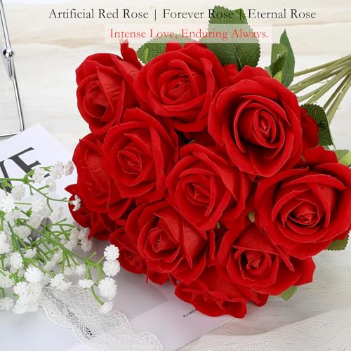 MERIXMAS Red Artificial Velvet Roses, 12-Piece Set with Adjustable Stems