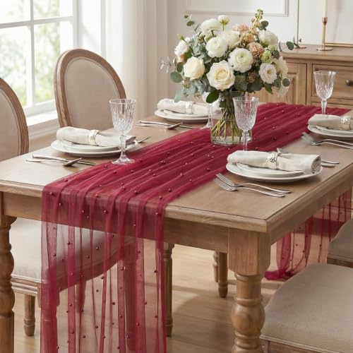 3-Pack Pearl Burgundy Gauze Table Runners 28x120 Inches Home Decor