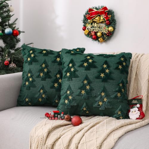 Christmas Pillow Covers 18x18 Set of 2 - Green Xmas Tree Holiday Decor