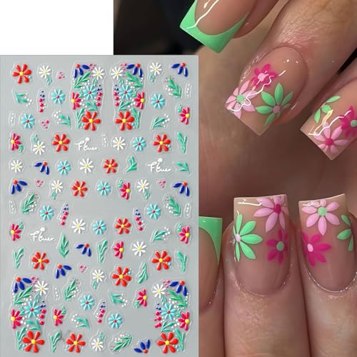 Quezadyl 5D Embossed Flower & Strawberry Nail Art Stickers - 4 Sheets Daisy Decals