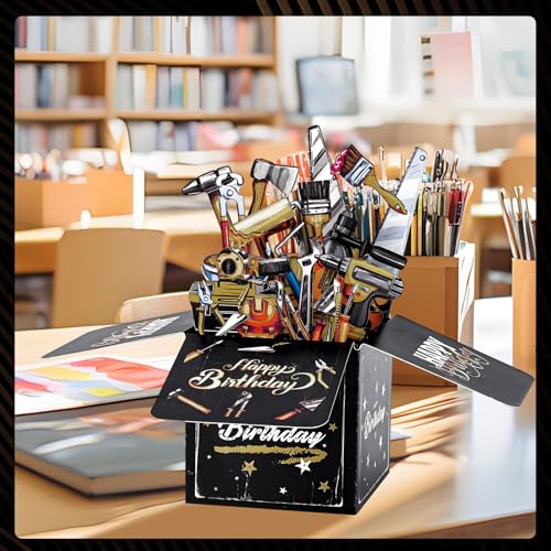 Personalized Black Gold 3D Pop-up Birthday Card for Dad & Husband