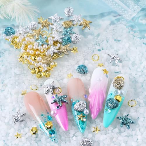 OSTTMA 100Pcs Summer Nail Charms 3D Seashell Starfish Pearls Rhinestones