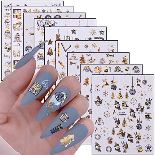 Christmas Nail Art Stickers Gold Holographic Snowflake Decals - 9 Sheets