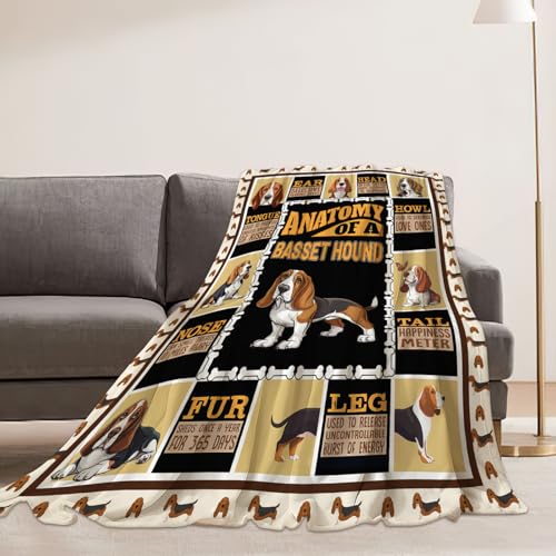 Basset Hound Throw Blanket - Soft Flannel Plush Dog Print, 50"x40"