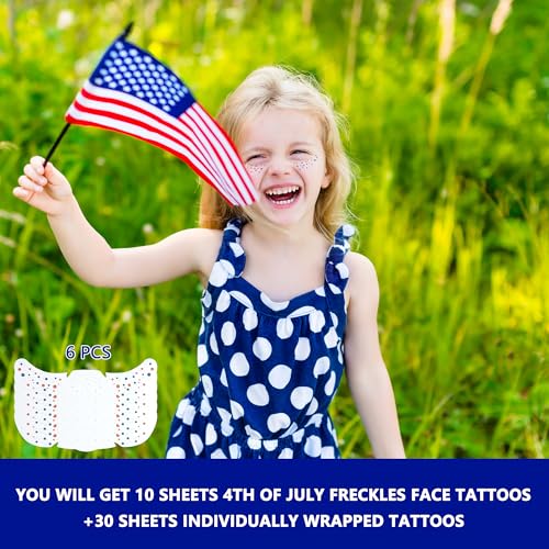 Patriotic Glitter Freckle Face Tattoos & Red White Blue Star Gems 6 Sheets